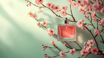 A perfume bottle standing on a branch of pink cherry blossoms with light green background. 2 photo