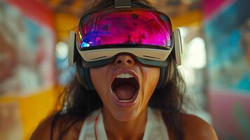 Woman wearing a virtual reality headset and screaming while playing a game. 7 photo