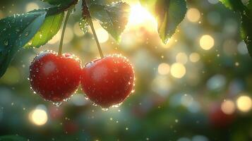 A natural background with sun rays shining on two juicy red cherries hanging from the branches. 4 photo