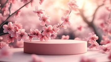 A round podium with pink sakura flowers on it, a blurred background with blooming cherry. 4 photo