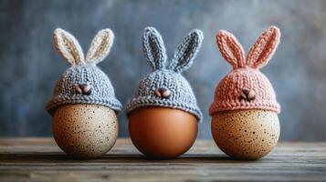 Three eggs with knitted bunny hats, on a wooden table, against a gray background. 2 photo