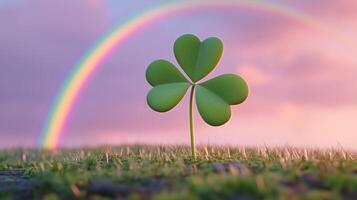 The green clover stands on grass with a pink sky background with a rainbow. 7 photo