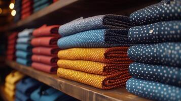 A close up shot of women's shirts folded on a display shelf. 7 photo