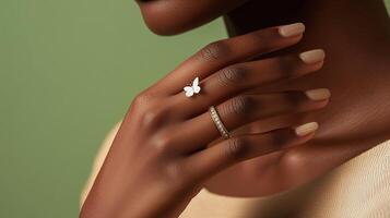 A dark tanned female hand with wrist wearing a gold accessory, and white butterfly. 15 photo