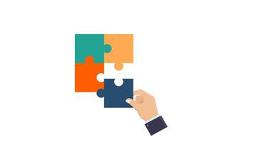 Hand holding blue puzzle piece, fitting with green, orange, and red pieces. Concept of problemsolving, teamwork, diversity, unity, and collaboration. video