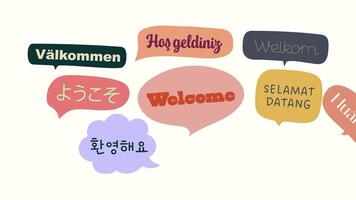 Animated Welcome greetings in multiple languages with colorful speech bubbles. Perfect for intros, global multicultural content, and social media video