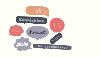 Animated greetings in multiple languages with fun speech bubbles. Engaging motion graphics featuring Hello, Hola, Bonjour, Ciao and more. Perfect for social media, intros and multicultural content. video