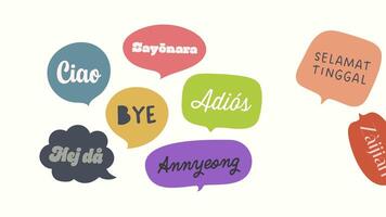Animated Goodbye greetings in multiple languages with colorful speech bubbles. Includes Bye, Adios and more. Perfect for outros, global multicultural content and social media video