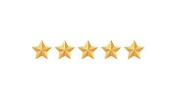 Gold 5 stars rating animation with smooth motion graphics. Perfect for showcasing excellent feedback, customer reviews, hotel ratings, or product satisfaction. Shiny, elegant and professional video