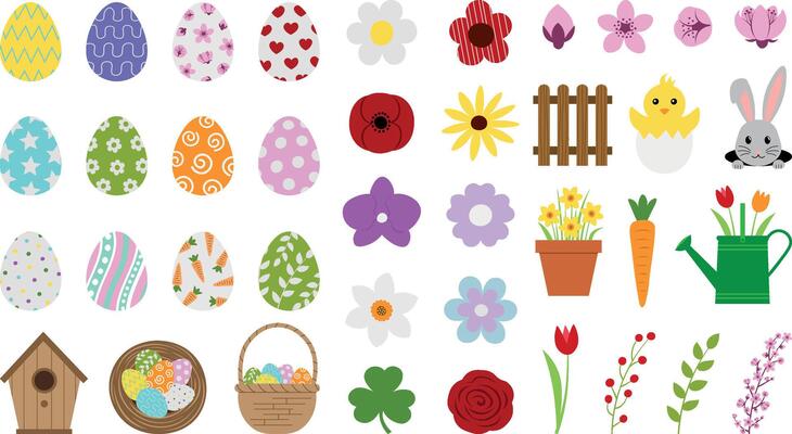 set of easter flat elements. collection of easter decorations flat illustration