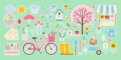 A collection of stickers with spring various items such as a bicycle, a birdhouse, and a bird vector