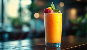 Refreshing fruit smoothie garnished with berries and mint set against a cozy cafe backdrop during the afternoon photo