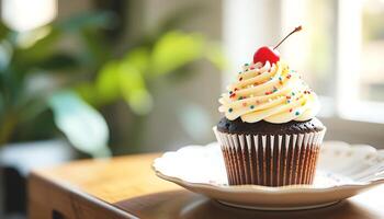 A beautifully decorated cupcake with a rich chocolate base, topped with a swirl of velvety vanilla buttercream frosting, adorned with colorful sprinkles and a cherry on top. photo