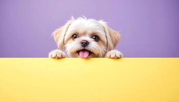 A cute ShihTzu dog put its tongue out, peeking over the edge of an yellow table with cute and hungry look. photo