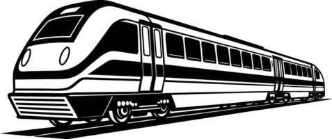 High-contrast monochrome illustration, sleek modern passenger train, side view, streamlined design, dynamic pose vector