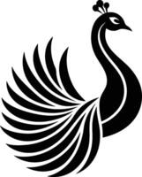 Stylized peacock silhouette, black and white, elegant curves, minimalist design, graphic art, symmetrical feathers, sleek lines vector