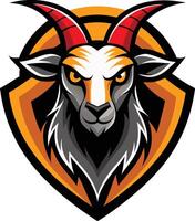Stylized goat logo, fierce expression, red curved horns, orange and black shield background, sharp angular design vector