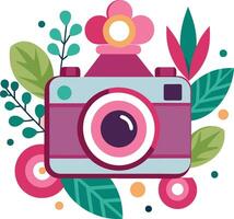 Cute cartoon camera, vibrant floral background, pink and teal color scheme, retro style, flat design, decorative leaves and flowers, cheerful illustration, graphic design vector