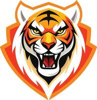 Fierce tiger logo, geometric style, roaring tiger head, orange and red color scheme, sharp angular design, stylized fangs, intense yellow eyes, shield-shaped background vector