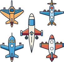 Cartoon airplanes, top-down view, colorful aircraft illustrations, simplified airplane designs, flat style, aviation icons, diverse aircraft types, playful color palette vector