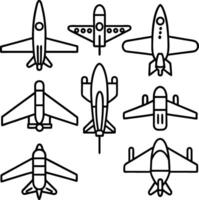 Simple black and white line drawings, airplane icons, various aircraft types, minimalist design, aviation symbols, top-down view, side view, front view, stylized planes vector