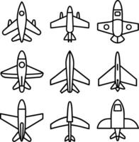 Simple airplane icons, black and white line drawings, top-down view, flat design, minimalist aircraft illustrations, graphics, aviation symbols vector