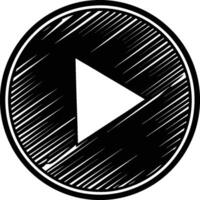 Black and white icon, play button symbol, circular design, bold lines, minimalist aesthetic, geometric shape, stark contrast vector