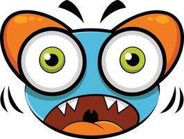 Cartoon monster face, big bulging green eyes, orange eyebrows, blue skin, sharp white teeth, wide open mouth, exaggerated expression vector