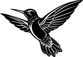 Silhouette hummingbird, black and white illustration, detailed wing feathers, sharp beak, graceful pose, high contrast, art style vector