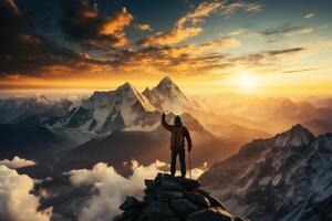 Man standing on top of mountain at sunrise photo