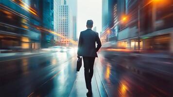 A businessman walking through a glowing city street at night, with blurred lights and reflections on a wet surface, representing ambition and motion video