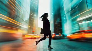 A silhouette of a woman walking confidently in a modern city at night, with glowing lights and blurred cars creating a dynamic, vibrant atmosphere video
