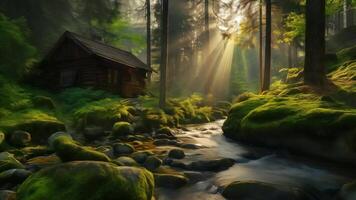 A cozy wooden cabin nestled in a lush forest with sunlight streaming through tall trees, illuminating a moss-covered creek video