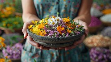 A woman holding a bowl of flowers in front of a flower shop photo