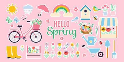 A colorful poster with various spring themed images, including a bicycle, a birdhouse, and a bird. The poster reads Hello Spring and is pink in color vector