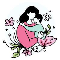 Best Mom Ever Adorable illustration of a mother and child hugging, with vibrant flowers and leaves. Ideal for Mothers Day gifts designs vector