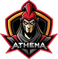 Gaming logo, esports mascot, warrior character, red and black color scheme, stylized Greek helmet, sharp angular design vector