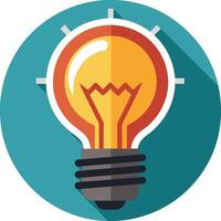 Flat design lightbulb icon, bright yellow and orange glow, teal circular background, creative idea symbol, minimalist illustration vector