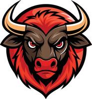 Fierce bull mascot, stylized illustration, angry eyes, red and brown color scheme, sharp horns, aggressive expression vector