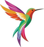 Vibrant hummingbird illustration, geometric shapes, colorful plumage, stylized bird design, abstract avian art, minimalist wildlife, rainbow feathers, dynamic pose, graphics vector