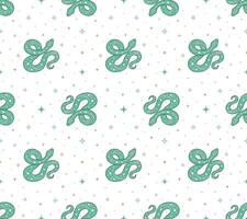 Seamless pattern with mystical green snake and abstract Y2K figures, stars on white background. vector