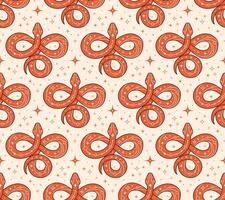 Seamless pattern with red coiled snake and stars, stars on pastel background vector