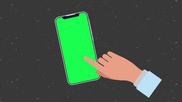 Closeup shot of a smartphone held in female male hand, isolated on a grey background. Unrecognizable person using a gadget with a green screen, perfect for mockups, app presentations, design preview video