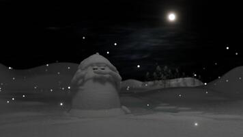 A snowman in the snow with a moon in the background video