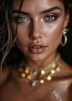 Portrait of a beautiful young woman with makeup and hairstyle. Golden Goddess Portrait photo
