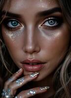 Close-up portrait of a beautiful young woman with blue eyes and manicure. Glittery Glam Makeup Look photo
