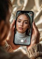 selective focus of young woman taking selfie with smartphone on bed at home. Beauty Selfie photo