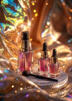 luxury serum bottles and brush on golden glitter background. Sparkling Beauty Elixir photo
