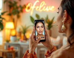 Beautiful young woman taking a selfie with a smartphone in a cafe. Virtual Makeup TryOn App photo
