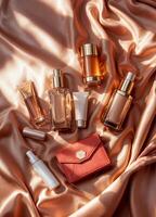 Set of cosmetic products on satin background. Flat lay, top view. Luxury Beauty Products photo
